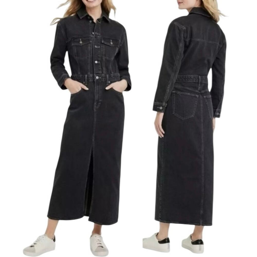 NEW UNIVERSAL THREAD Denim Maxi Black Long Sleeve Dress Size 2 Witchy Slit Hem